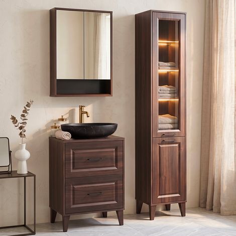Waschtisch-Set Einzelwaschbecken 60 cm Hochschrank Spiegelschrank Moka Dunkles Holz (1/5)