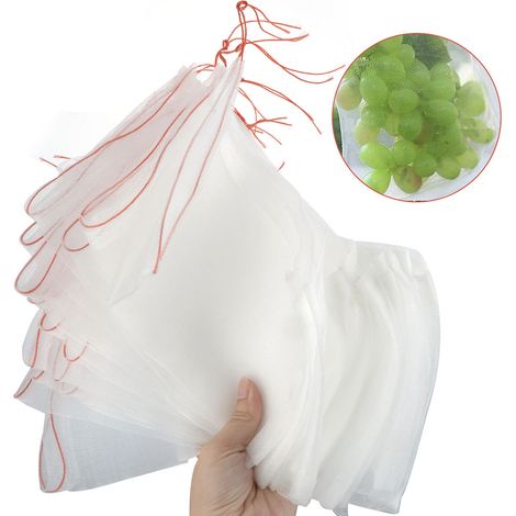 100 bolsas de malla de nailon transpirable con cordón para proteger la fruta (25 x 15 cm). (1/5)