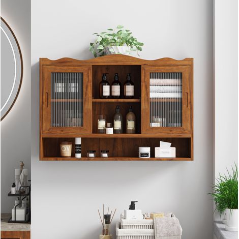 Retro-Wandaufbewahrung mit 2 Schiebetüren 90 x 20 x 60 cm aus Holz und Glas, braun HAVRYA (1/5)