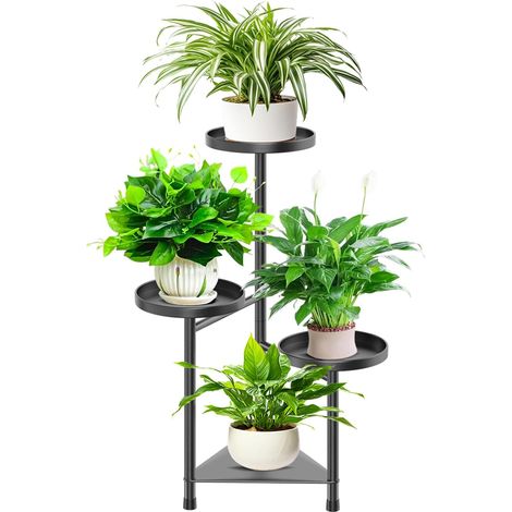 Porte plante interieur support plantes etagere plante, 4 niveaux noir supports de pots de fleurs exterieur, Étagère à Fleurs Métal tabouret plante pour Maison Balcon Jardin (1/5)