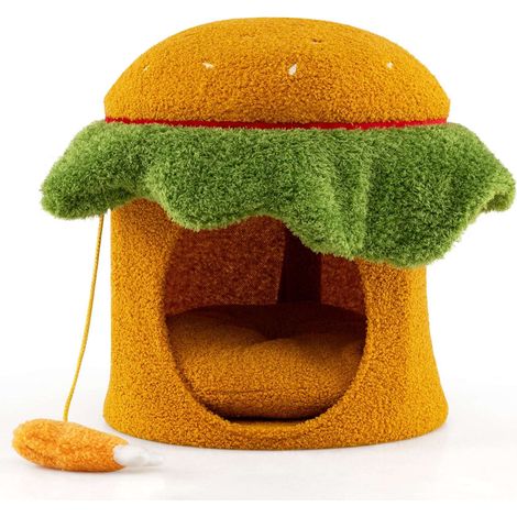 Cuccia per gatti a forma di hamburger, con cuscino in peluche, arancione