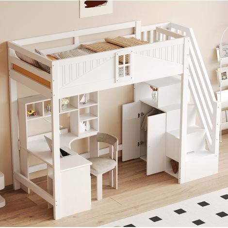 Lit mezzanine 90 x 200 cm en bois blanc avec escalier réversible, rangement intégré et sécurité renforcée (1/5)