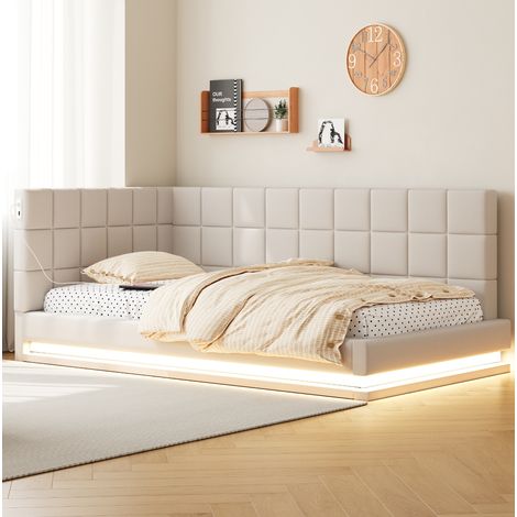 Canapé-lit tapissé 90/200 cm beige en lin avec LED et prise USB (1/5)