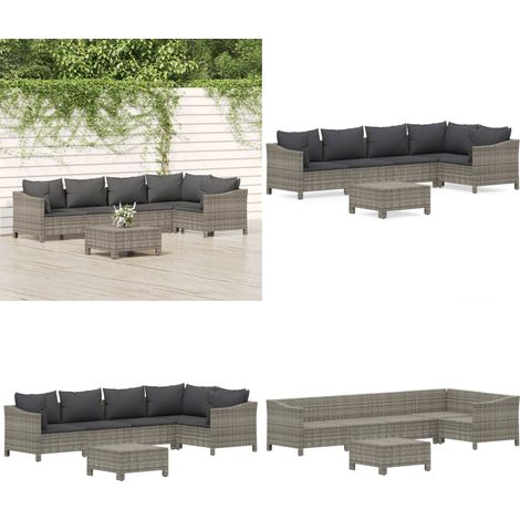 6-tlg. Garten-Lounge-Set mit Kissen Grau Poly Rattan - Garten Lounge Set - Outdoor Möbel - Rattan Gartenmöbel - Loungemöbel - Gartenmöbel Set - Home & Living