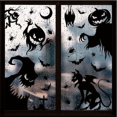 Magnifiques autocollants d'Halloween : 4 planches d'autocollants pour vitrines. Chaque planche mesure 30 x 90 cm, la taille idéale pour les vitrines de magasins. (1/4)