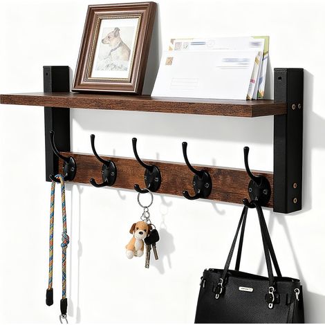 Wandgarderobe mit Ablage und 5 Haken, 43,5 cm langer Wandhaken für Schlüssel und Post, Wandelement für Eingangsbereich, Wohnzimmer, Schlafzimmer, Küche und Waschküche (1/5)