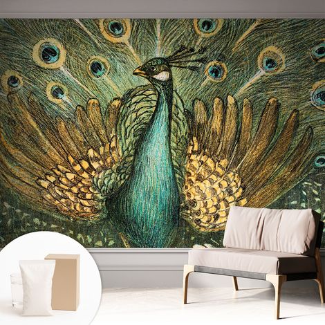Papier peint avec colle pour décoration moderne de salon chambre à coucher cuisine et bureau Facile Paon majestueux 312x219 cm (1/5)