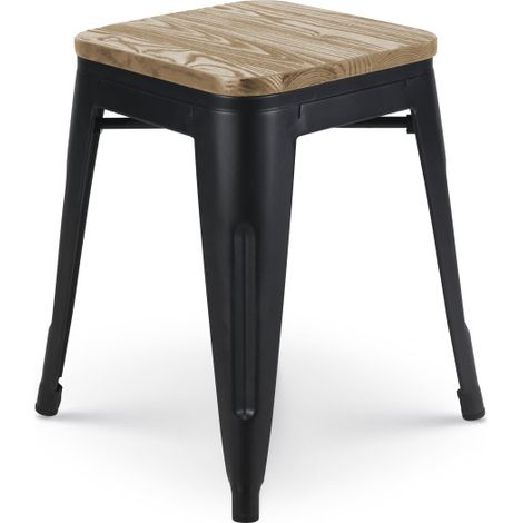 Hocker aus mattschwarzem Metall im Industriestil und Sitz aus hellem Holz - Ohne Rückenlehne - Höhe 46 cm