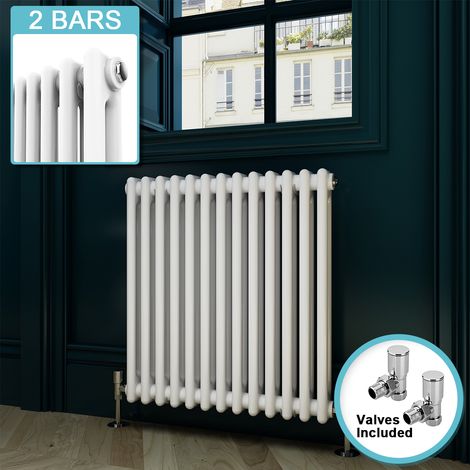 ELEGANT Traditional Horizontal Radiator White Double Radiator Central Heating Column Rads With Valves 600 x 592 mm
