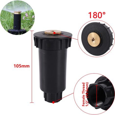 Arroseur escamotable automatique à jet étiré (180°) 1/2" avec buse enterrée, 90/180/360°, filetage 180°, pour jardin, pelouse et gazon. (1/5)
