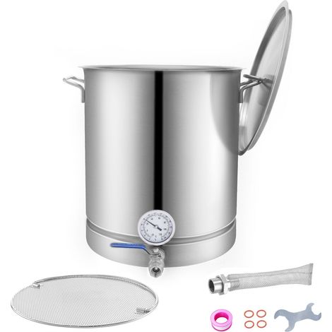 Bouilloire en inox 60,6 L avec fond triplé, couvercle, poignée, thermomètre, robinet à bille, filtre et plateau filtrant pour brassage de bière. (1/5)