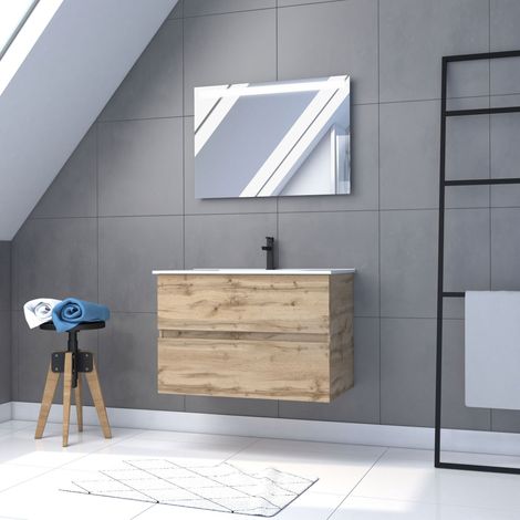pack meuble sdb 80cm suspendu 2 tiroirs chenevasque blanche + miroir led - timber 80pack36 (1/5)