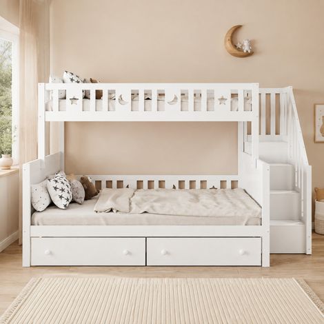Etagenbett für Kinder 90 x 200 / 140 x 200 cm mit Sicherheitstreppe, 2 Schubladen, weiß HAVRYA (1/5)