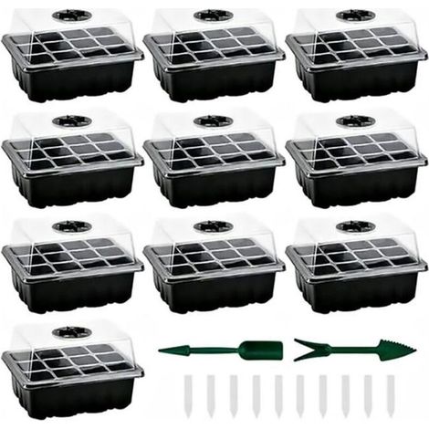 Bardusch - Mini serre pour semis - - Lot de 10 - 120 cellules - Outils de jardinage inclus - Noir (1/4)