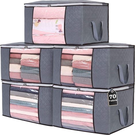Lot de 5 sacs de rangement pour vêtements de 90 L, organisateurs de vêtements grande capacité avec poignées renforcées (1/5)