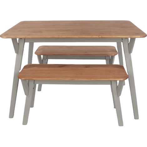 140 Cm Kitchen Table with 2 Bench Set - Pine - L80 x W140 x H75 cm - Grey - Flat Packed