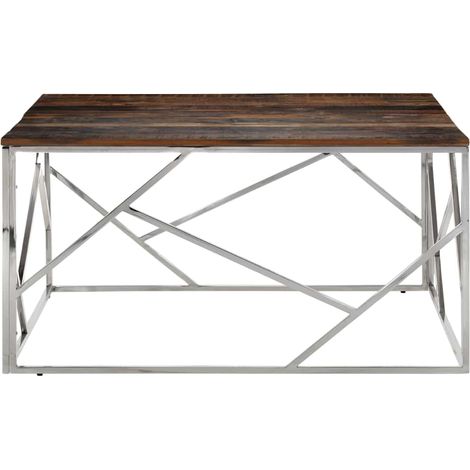 Table Basse de Salon Bois de Mélèze Massif et Acier Inoxydable Argenté 100 x 100 x 50 cm (1/5)