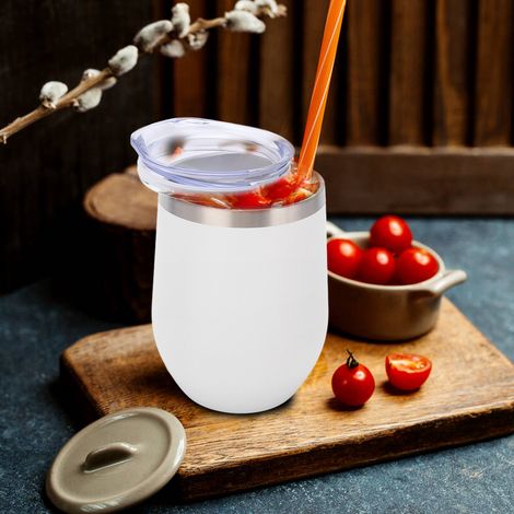 Verre à vin sans pied en acier inoxydable 12oz double paroi isolé pour cocktails, café ou glace, avec couvercle, blanc
