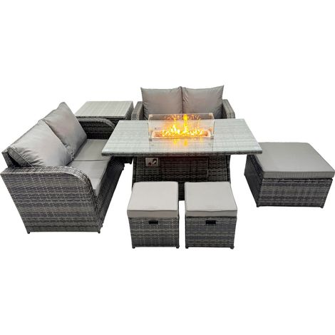 Fimous 7-seater Patio Gas Firpit Dining Table Sofa Sets Rattan Garden Furniture Dining Set with 3 Stools Side Table Dark Grey Mixed (1/5)