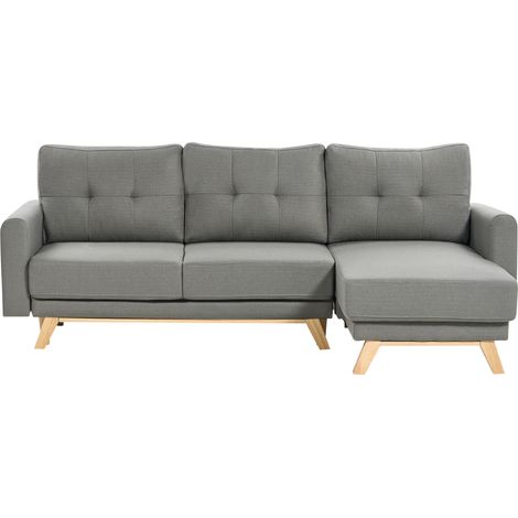 Sofá cama esquinero izquierdo de 3 plazas de tela función extraíble respaldo acolchado patas de madera gris Siro
