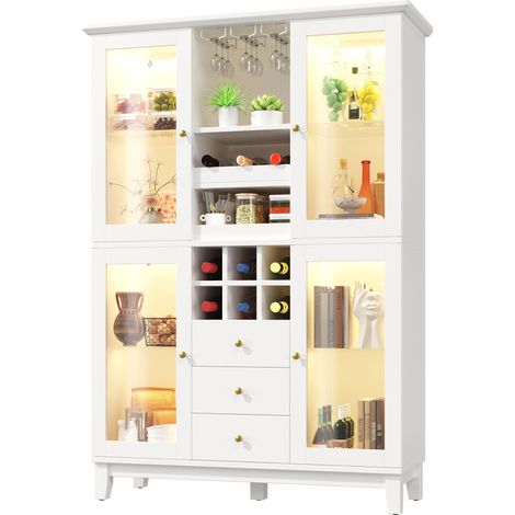 ELVMI Mueble Bar con 3 Cajones, Soporte para Copas, Botellas y LED RGB, para Salón, MDF Blanco, 120 x 40 x 180.5 cm (1/5)