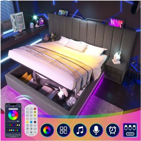 Lit Coffre 180x200 gris, Lit capitonné en tissu avec LED via App, USB-C et sommier relevable (Sans matelas ni chevets) (1/5)