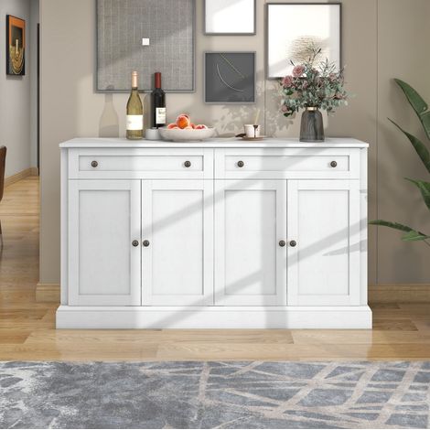 Sideboard en panneaux de particules blanc antique avec plateau MDF, 4 portes, 2 tiroirs, 150x40x86 cm (1/5)