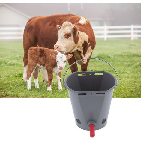 Seau d'alimentation de 8 L pour bétail, en plastique de qualité alimentaire, avec 5 tétines, gris (pour veaux). (1/5)