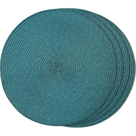 Set mit 4 runden, geflochtenen Platzsets für den Esstisch, gewebt, waschbar, rutschfest, klein, 33 cm (S, Blaugrün) (1/5)