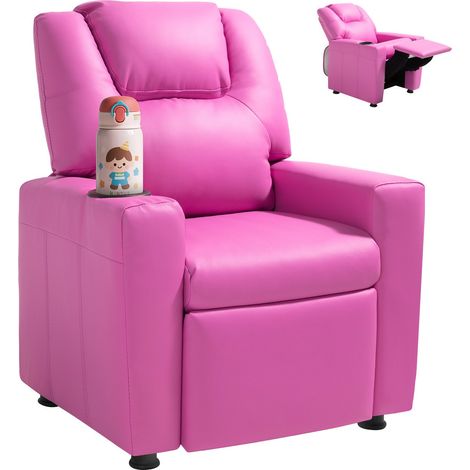 Fauteuil Inclinable pour Enfants, Chaise Relax Ergonomique, avec Porte-gobelet et Repose-pieds, Dossier Réglable de 101° à 121°, en Cuir PU Facile à Nettoyer, pour Chambre d’Enfants, Rose (1/5)