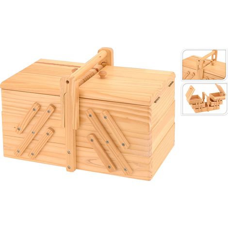 Boîte de rangement couture en bois de pin naturel – Dimensions 30x17,5x19 cm – Compartiments pour organisation optimale – Excellent (1/4)