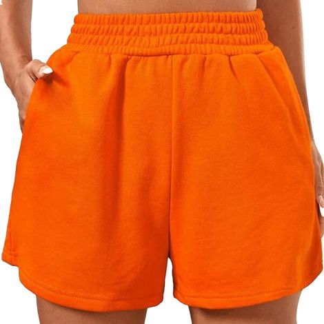 Short Large Pour Femme - Taille Haute Élastique - Sport Et Loisirs - Couleur Orange - Taille L (1/5)
