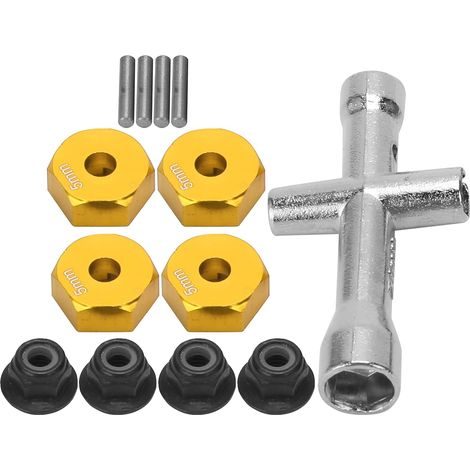 Adaptateur Hexagonal de Roue RC, Adaptateur Hexagonal de Roue de Camion de Voiture RC 12mm 1/10 + écrou Antidérapant + Boulon + Clé Croisée Pièce de Jouet Modèle RC(Or) (1/5)