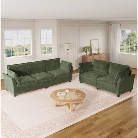 Modulares Sofa 3+2-Sitzer aus grüner Chenille, frei kombinierbar, mit Armlehnenkissen und weichem Sitzkomfort,220x81x87 cm (1/5)