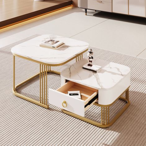 Ensemble de 2 tables basses gigognes blanc et or en MDF avec plateau effet marbre brillant et tiroirs pour salon et chambre (1/5)