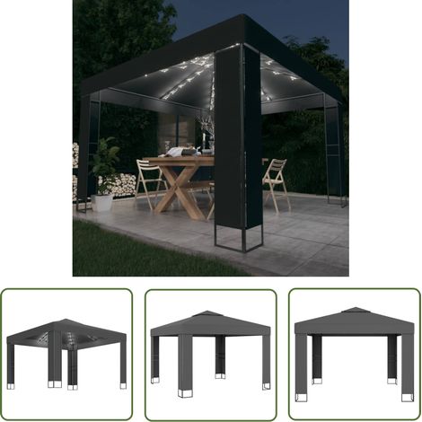 The Living Store Tonnelle avec double toit et lumières LED 3x3 m Anthracite - Tente Extérieure - Abri Jardin - Tonnelle Pliable - Parasol Géant - Éclairage Solaire (1/5)