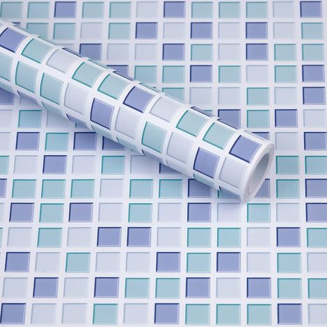 BRAVIX  Papier Peint Carrelage Autocollant Bleu 61x300 cm Style Mosaïque Sticker Mural Film Décoratif Imperméable pour Carreaux de Mur de Salle de Bains et de Cuisine