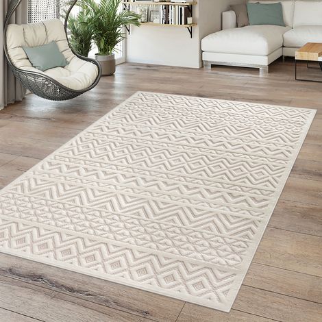In-& Outdoor Teppich Esszimmer Wetterfest Balkon Unifarben 3D Boho Skandi Design 80 cm x 150 cm x 14 mm Creme Rechteckig (1/5)