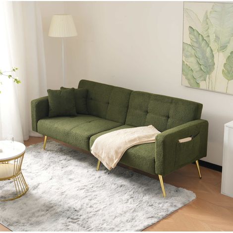 Schlafsofa 175x64x72 cm Antikgrün in Sherpa und Schaumstoff mit Bettfunktion, verstellbarer Rückenlehne und Seitentaschen (1/5)