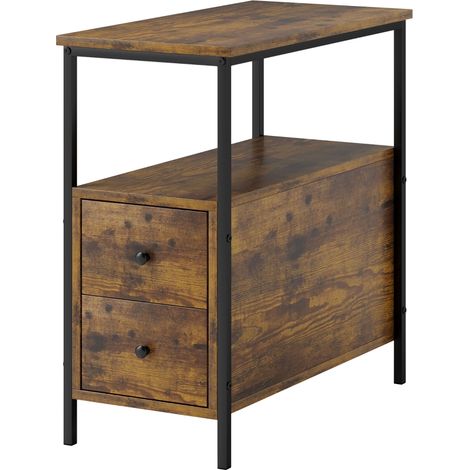 Side Table, Narrow Bedside Table with 2 Drawers and Storage Shelf, Industrial End Table with Metal Frame for Small Spaces, Rustic Brown