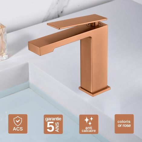 Robinet Mitigeur Lavabo Salle de Bain or rose cuivré – Bec Bas Anti-Calcaire – Design moderne - PISA IMEX (1/4)