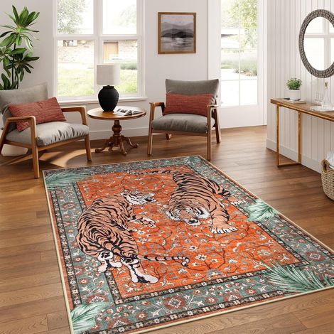 Tapis lavable à motif floral de tigre blanc bleu foncé, tapis tropical vintage, tapis décoratif pour salon, chambre à coucher, entrée, salle à manger, avec sous-couche à pois antidérapants, 50 x 80 cm (1/5)