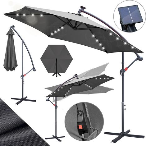 Randaco Sonnenschirm 3,5m Grau mit LED Beleuchtung, Gartenschirm mit Kurbel, UV 50+ Sonnenschutz, kippbar & windstabil, inkl. Kreuzfuß