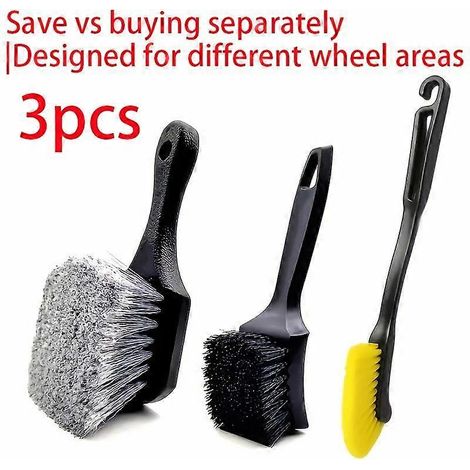 Ensemble de 3 brosses de nettoyage robustes pour pneus et jantes, poils en PP durables avec poignée ergonomique pour le nettoyage automobile. (1/5)
