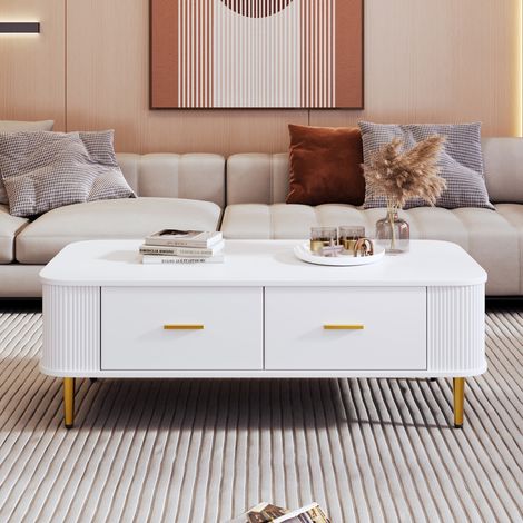 Couchtisch 105 cm, rechteckig, mit 4 Schubladen, abgerundete Ecken, gewellte Seiten, skandinavisch, Metallgriffe und -füße, Wohnzimmertisch aus Holz – Weiß