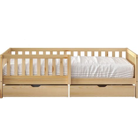 Sunny Isa Lit 1 Place Avec 2 Tiroirs De Rangement, En Bois, Beige  Sans Matelas - Lit avec Barrière De Sécurité - 206 X 98 Cm  Pour Matelas : 90 X 200 Cm. (1/5)