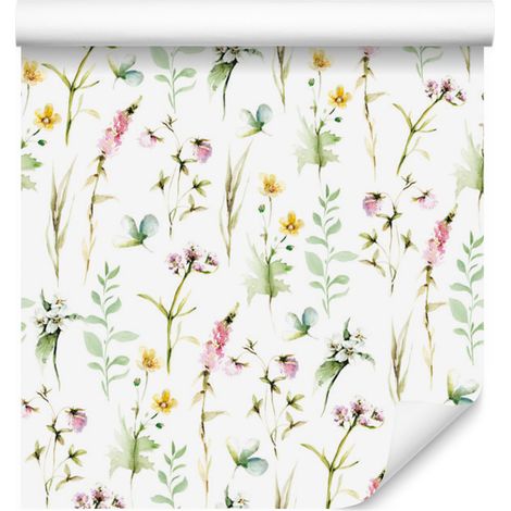 Carta da parati con fiori e foglie di campo ad acquerello per soggiorno e camera da letto, 50x1000 cm (1/5)