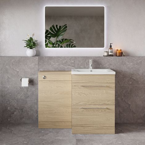 Napoli 460 Light Oak 1100mm 2 Drawer Vanity Unit Toilet Suite with Glide Basin - 1100mm - Chrome 320mm HandleWithout Kingston Toilet Pan
