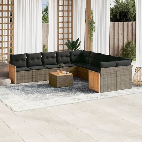 11-tlg. Garten-Sofagarnitur mit Kissen Grau Poly Rattan (1/5)