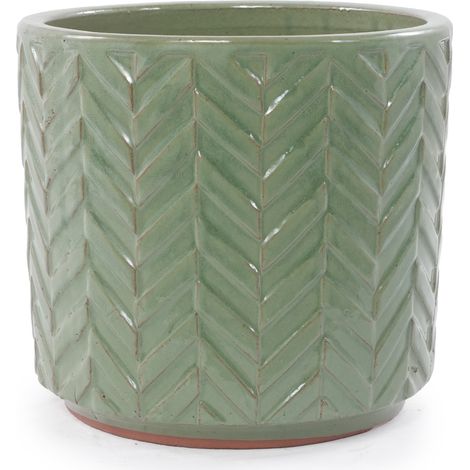Mini pot céramique artisanal individuel Ø19 cm, vert sauge brillant, relief chevrons, respirant, drainage, pour succulentes de table et herbes de bureau. (1/5)